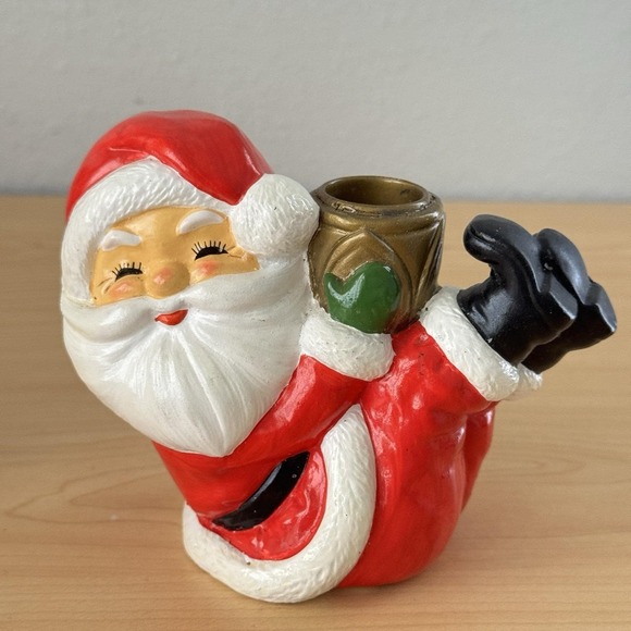 Vtg Sitting Santa Claus Figure Taper Candle Holder Set Japan Painted MCM Kitsch - Picture 2 of 11